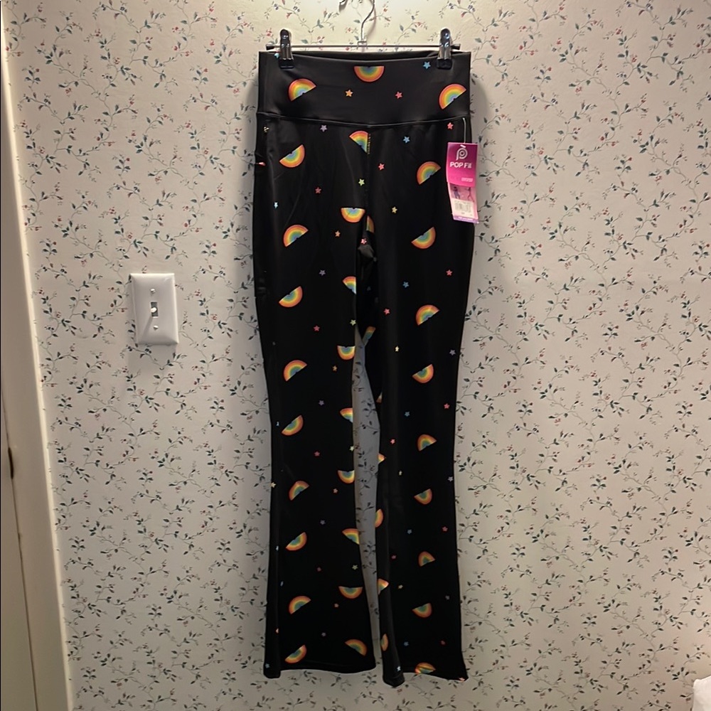 NWT Popfit Black Rainbow Print Flared Leggings